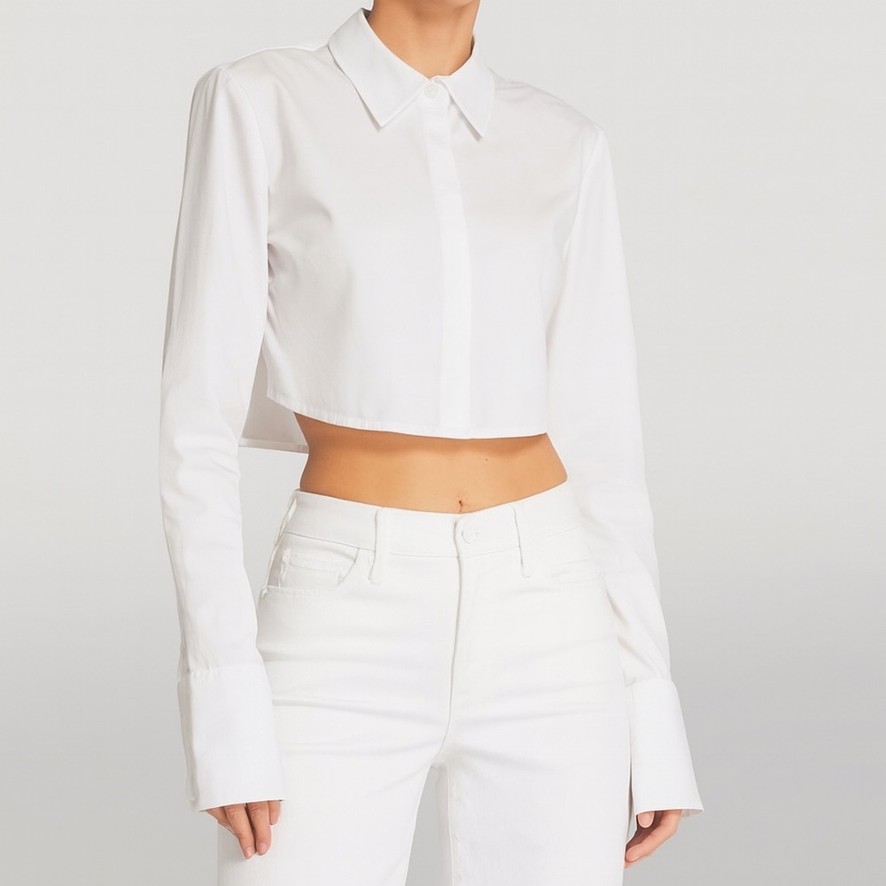 STAUD Seneca White Cropped Button Down Shirt